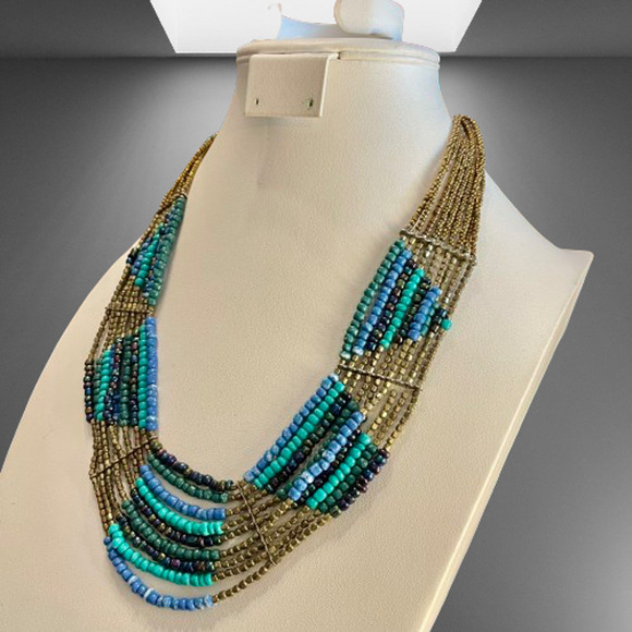 Artisan Jewelry - Blue & Gold Bohemian Seed Bead Layered Necklace